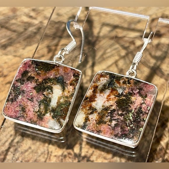 Dainty Square Rhodonite Earrings 1 1/2” - Picture 4 of 10
